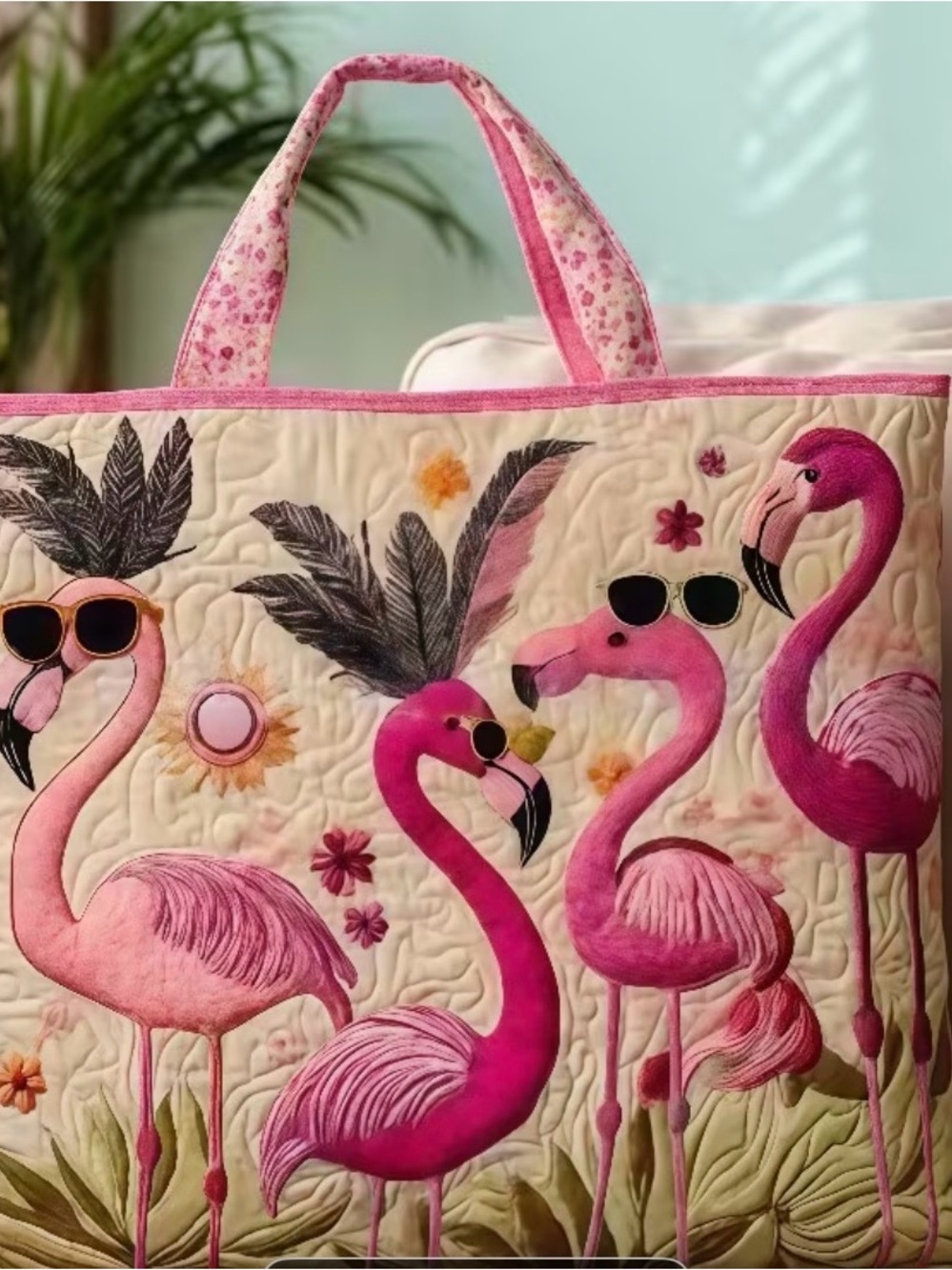 Quilted Pink Flamingo Tote Bag